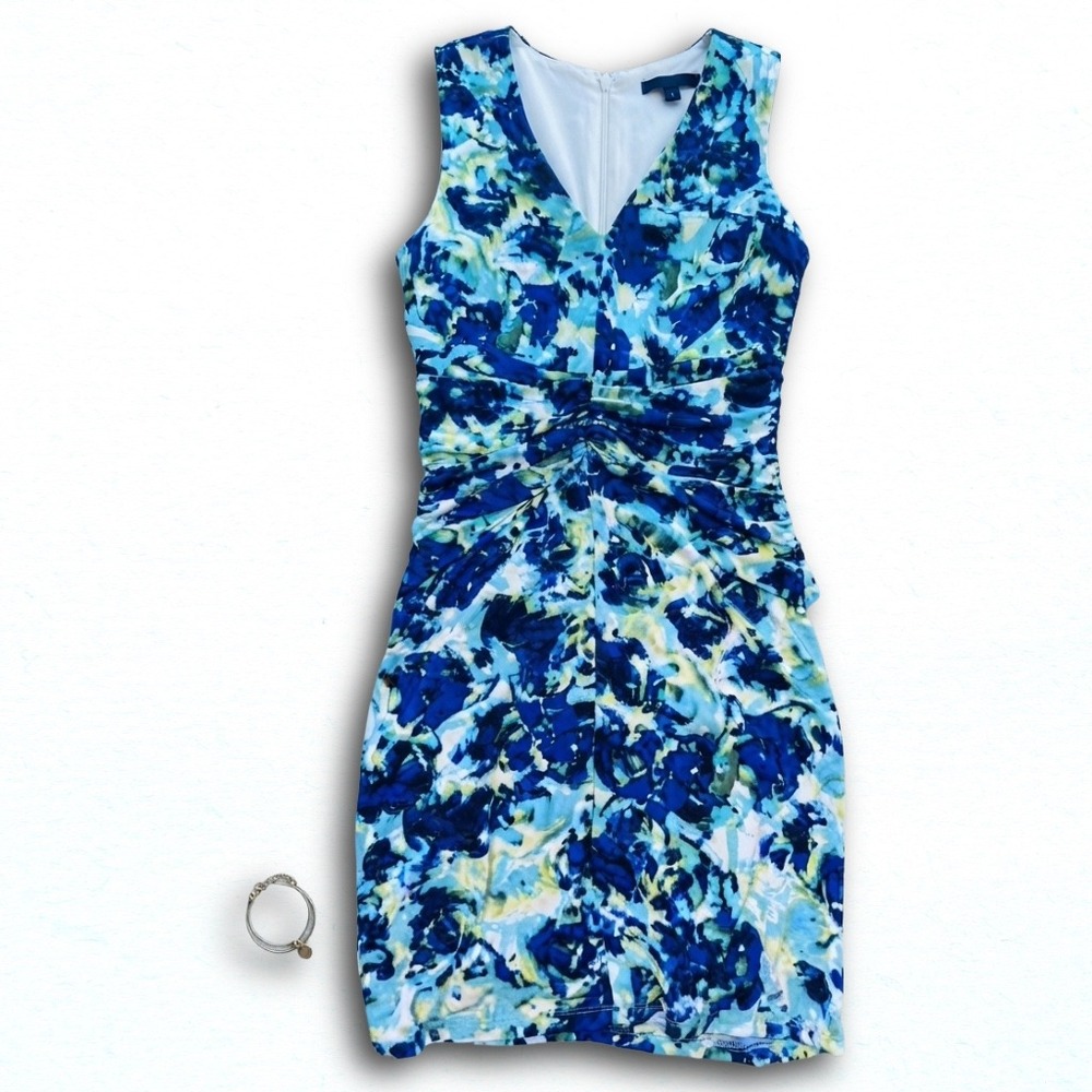 Ann Taylor Blue Yellow Floral Ruched Sheath Dress Size 4 Sleeveless V-Neck